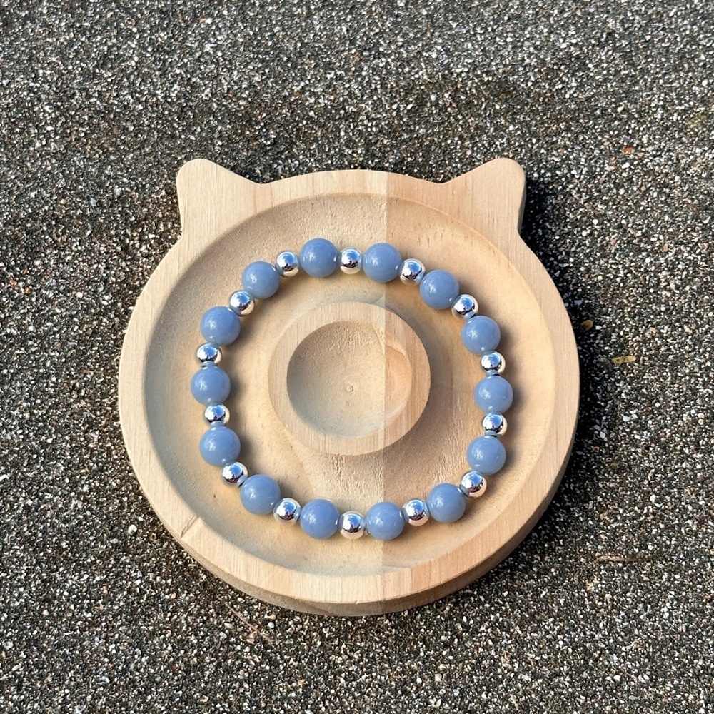 Sky Blue Angelite Beaded Stretch Bracelet Sterling Silver Handmade Bracelet